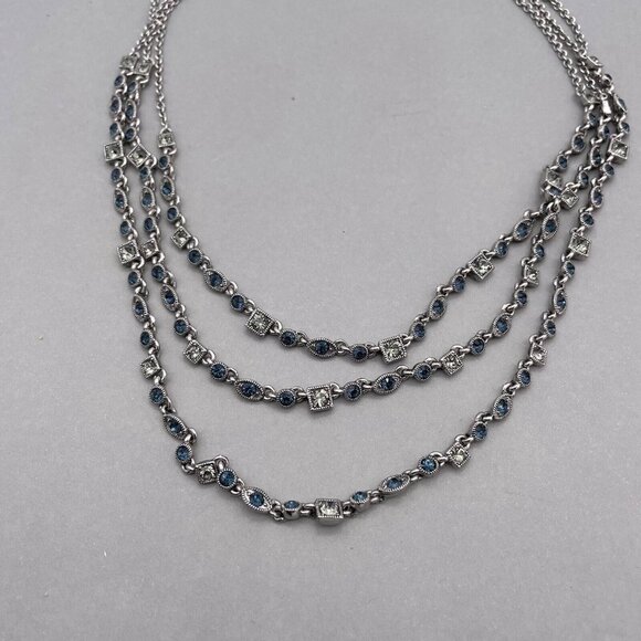 Givenchy Blue & Clear Crystal Multi Strand Necklace Silver-Tone 18 to 20 in - Picture 3 of 7